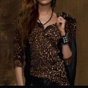 Ralph Lauren Denim & Supply Velvet Leopard V-Neck Lace Henley Top Size S